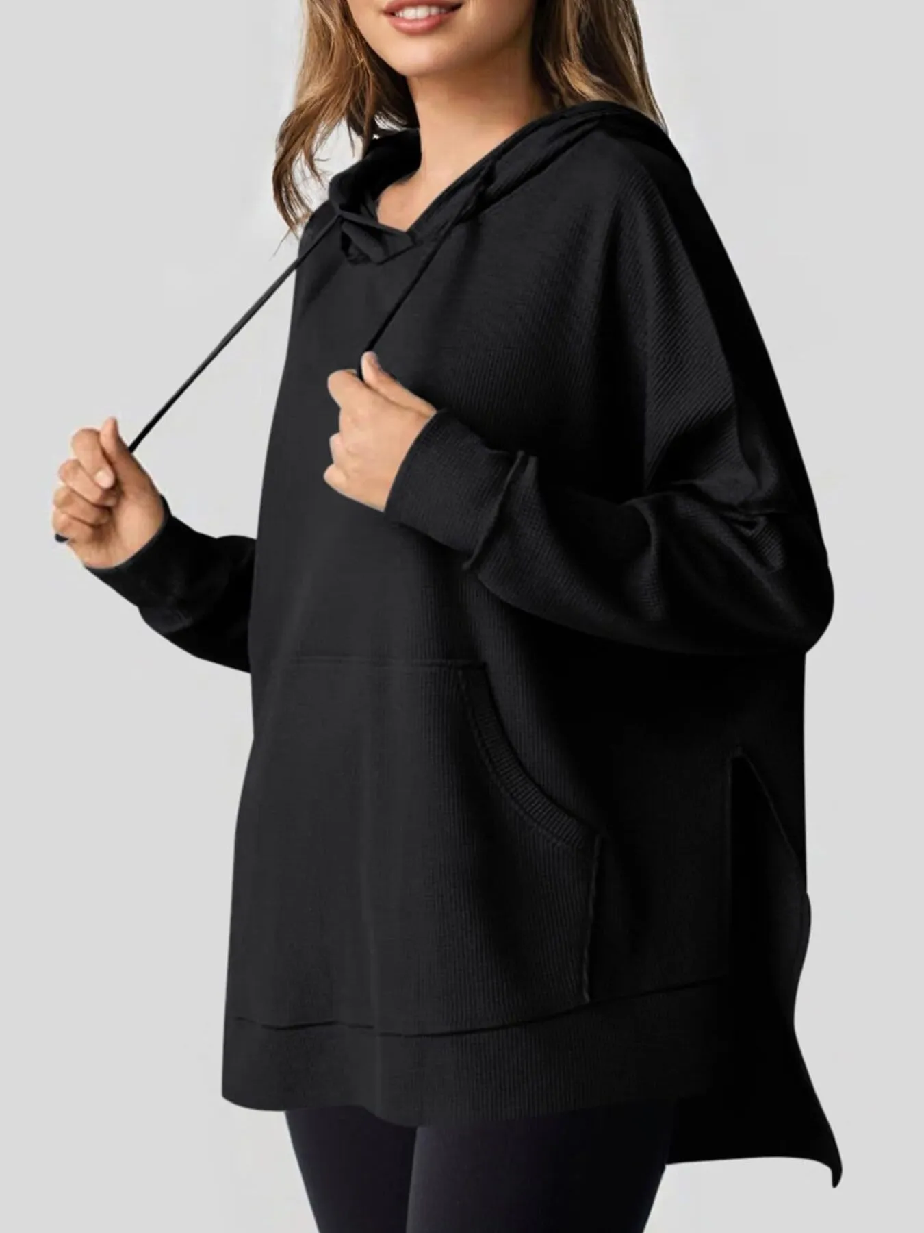 Slit Drawstring Waffle Knit Hoodie - Image 7