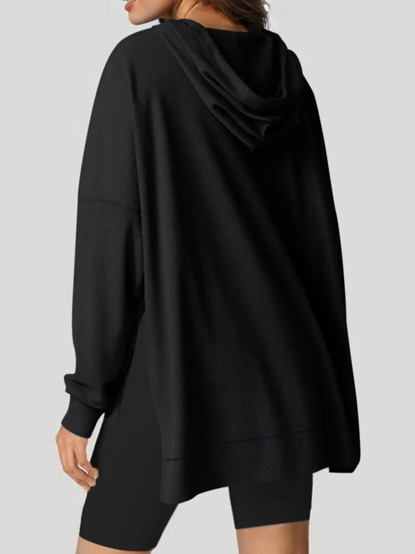 Slit Drawstring Waffle Knit Hoodie - Image 8