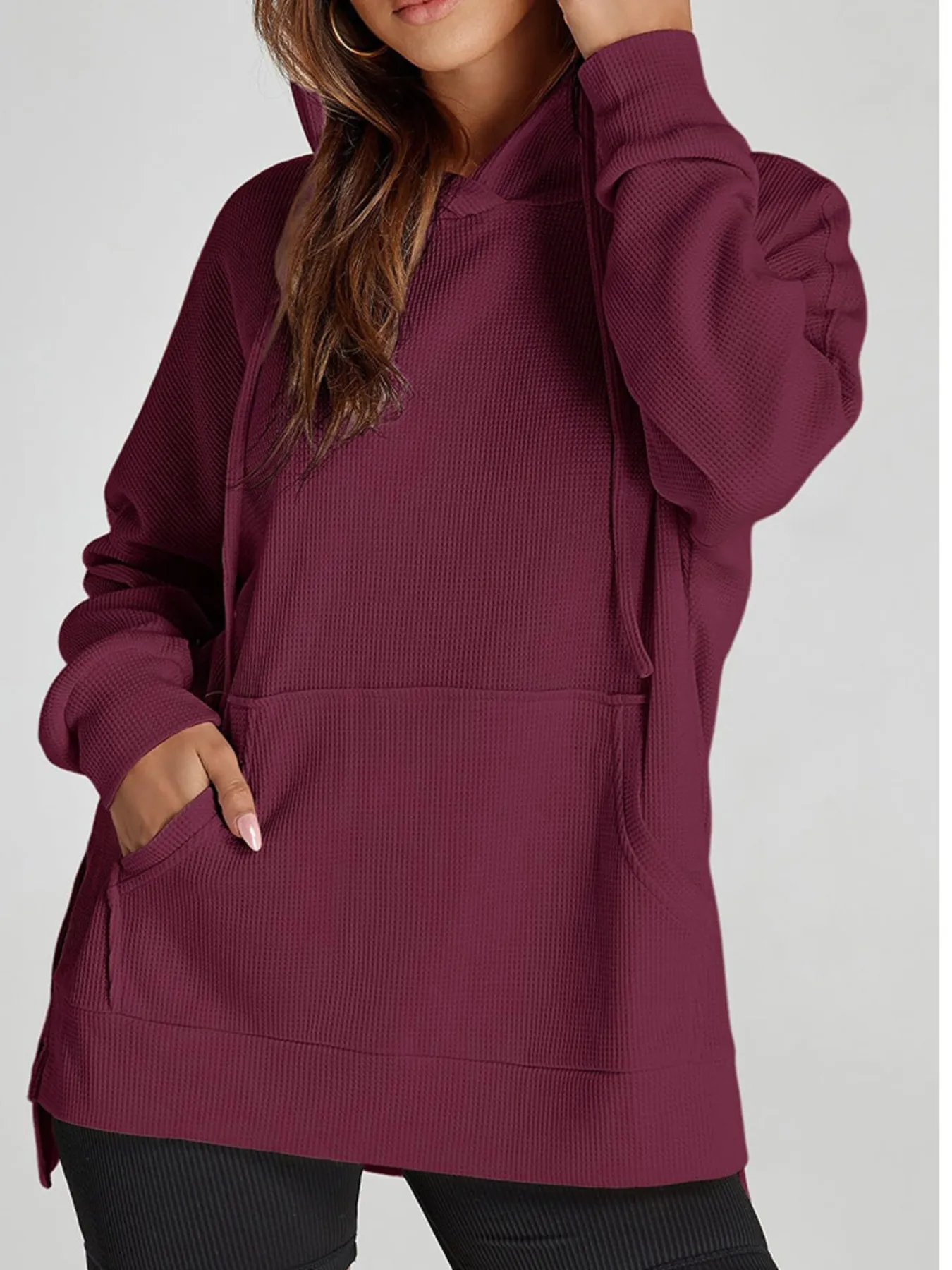 Slit Drawstring Waffle Knit Hoodie - Image 9