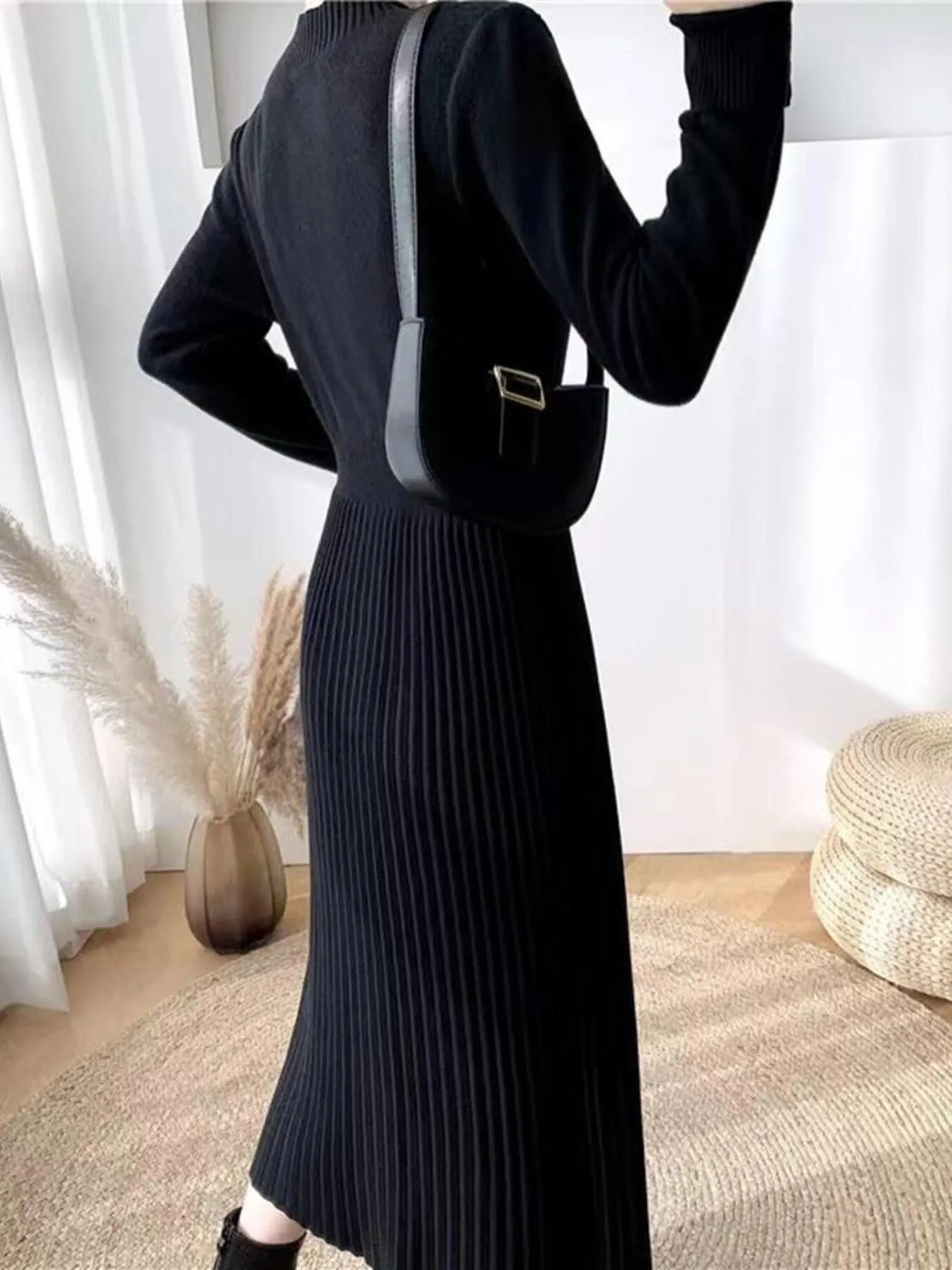 Slit Front Mock Neck Long Sleeve Knit Dress - Image 3