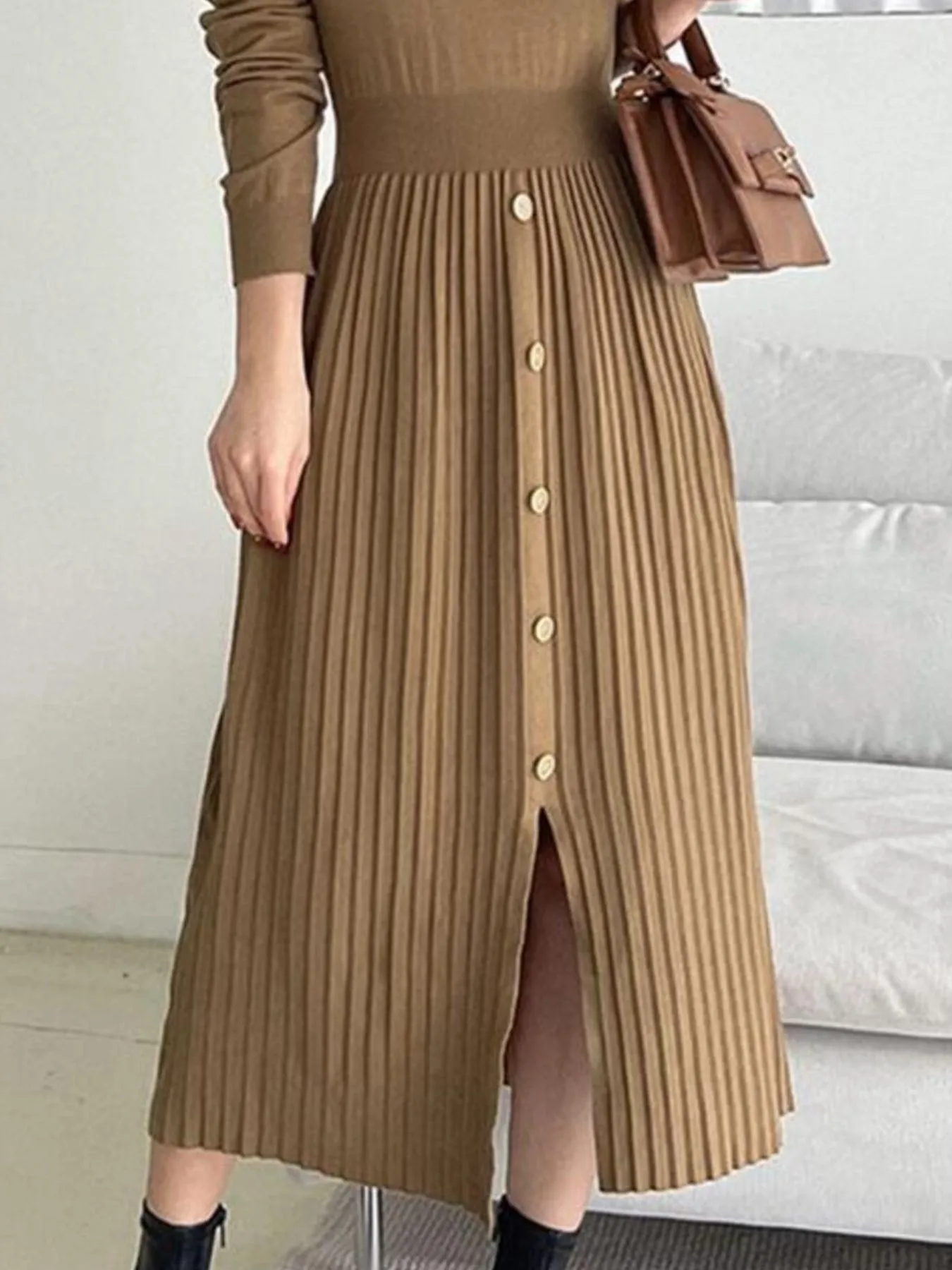 Slit Front Mock Neck Long Sleeve Knit Dress - Image 6