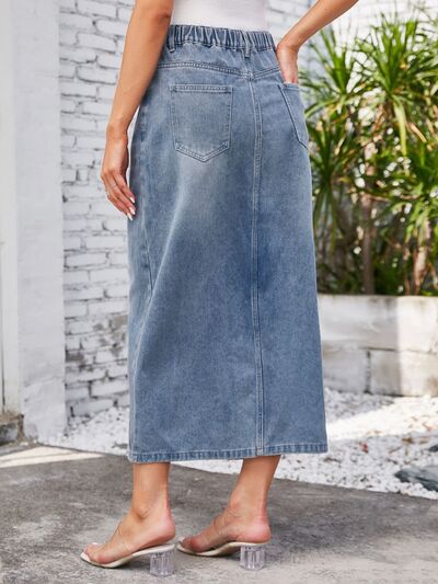 Slit Midi Denim Skirt with Pockets - Image 2