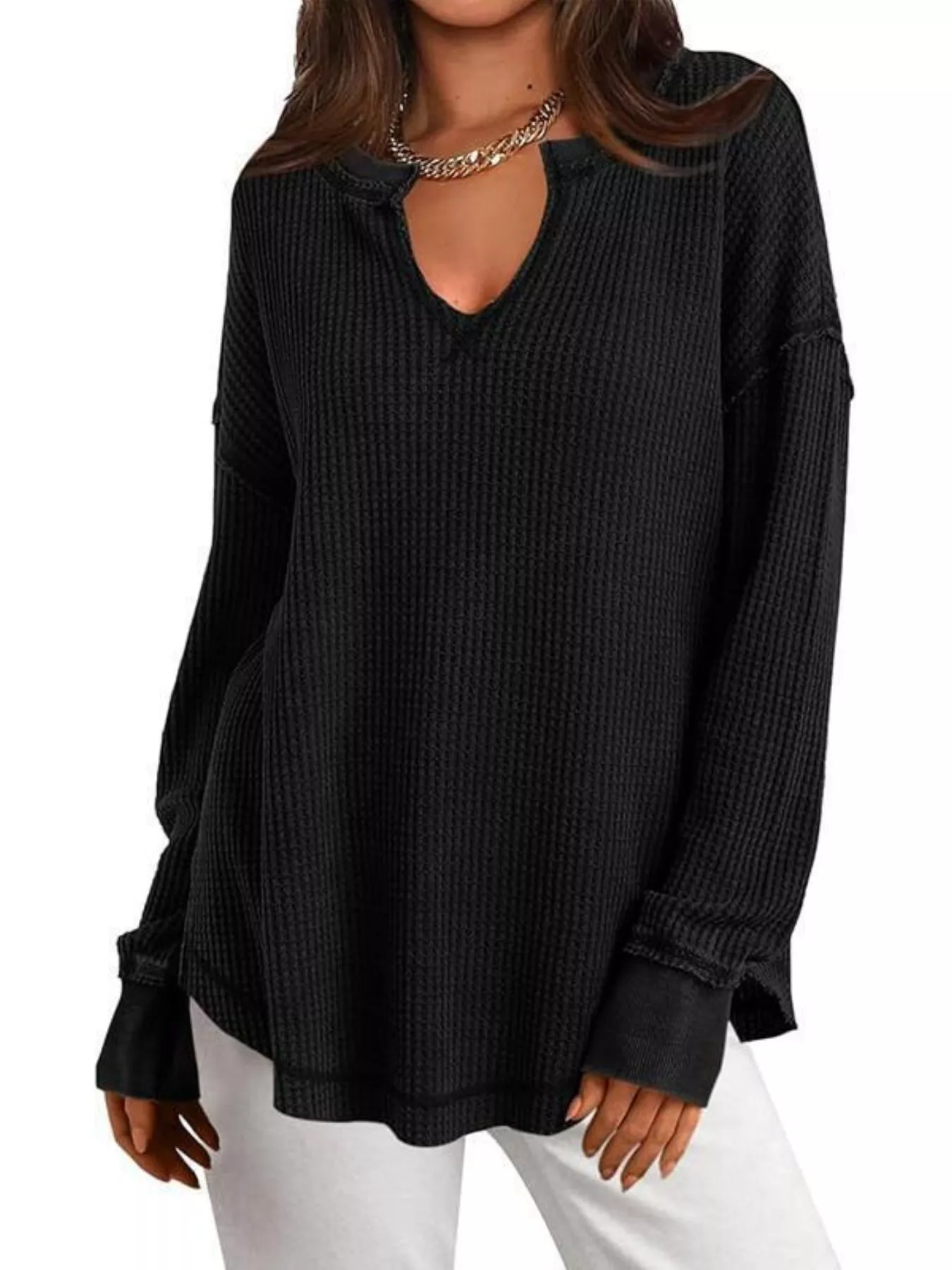Slit Notched Long Sleeve T-Shirt - Image 10