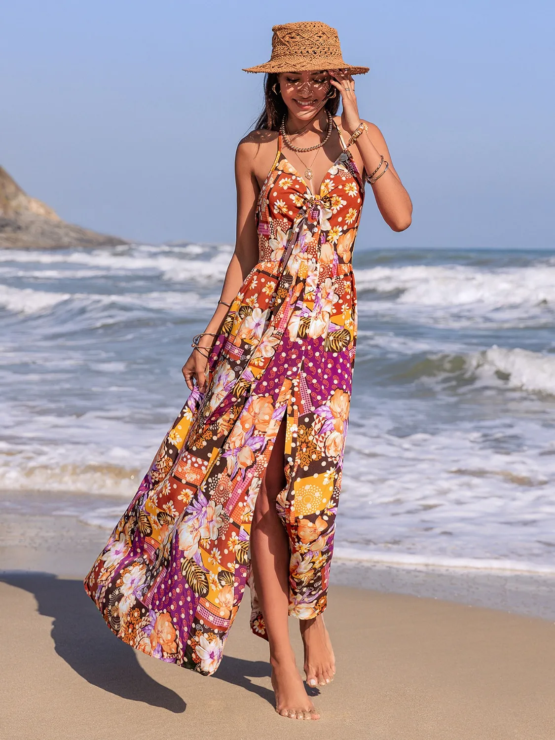 Slit Printed Halter Neck Cami Dress - Image 2