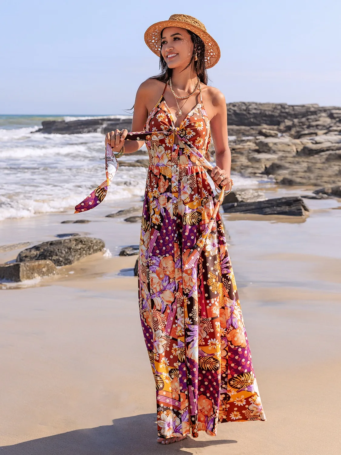 Slit Printed Halter Neck Cami Dress - Image 3