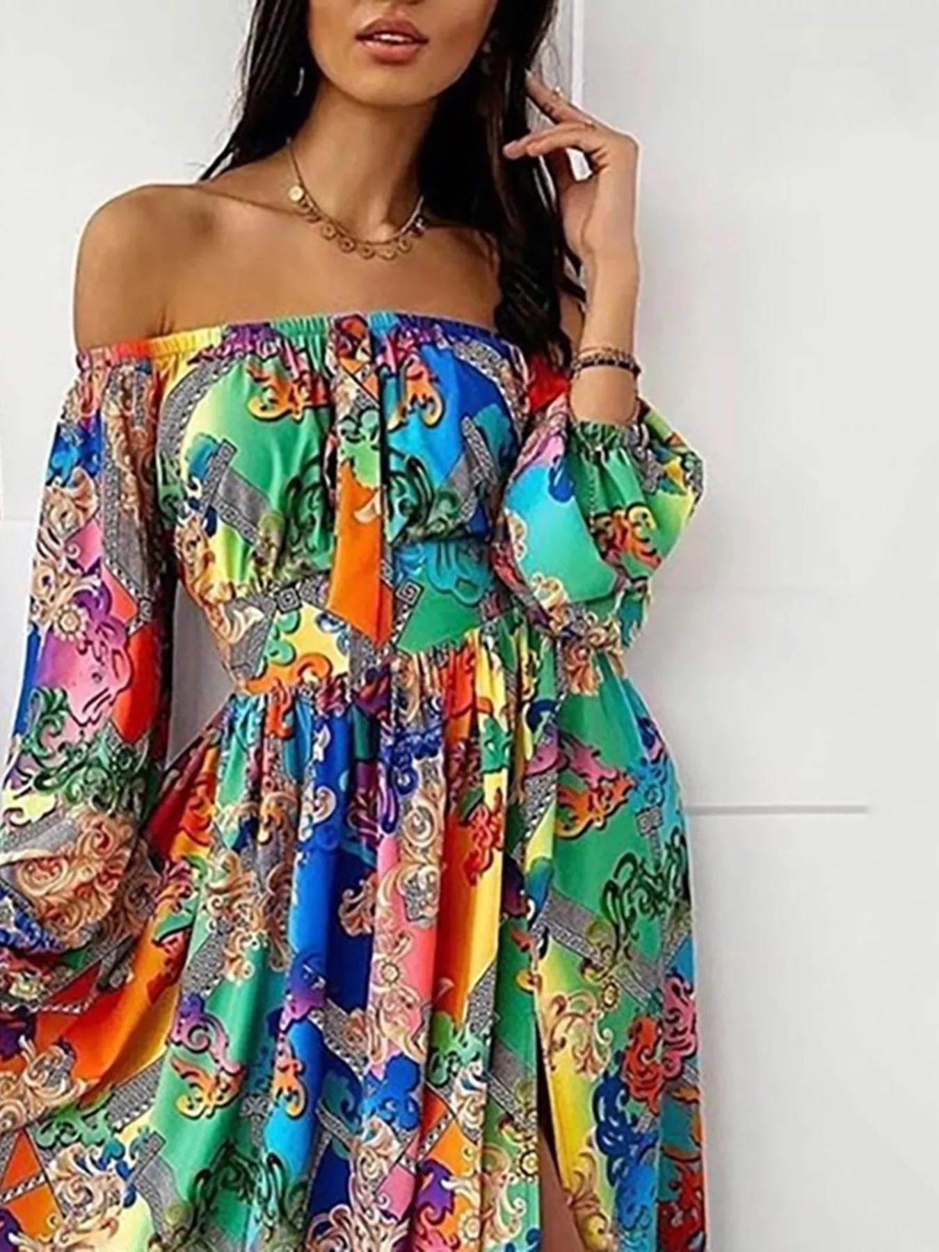 Slit Printed Off Shoulder Maxi Dress - Image 2