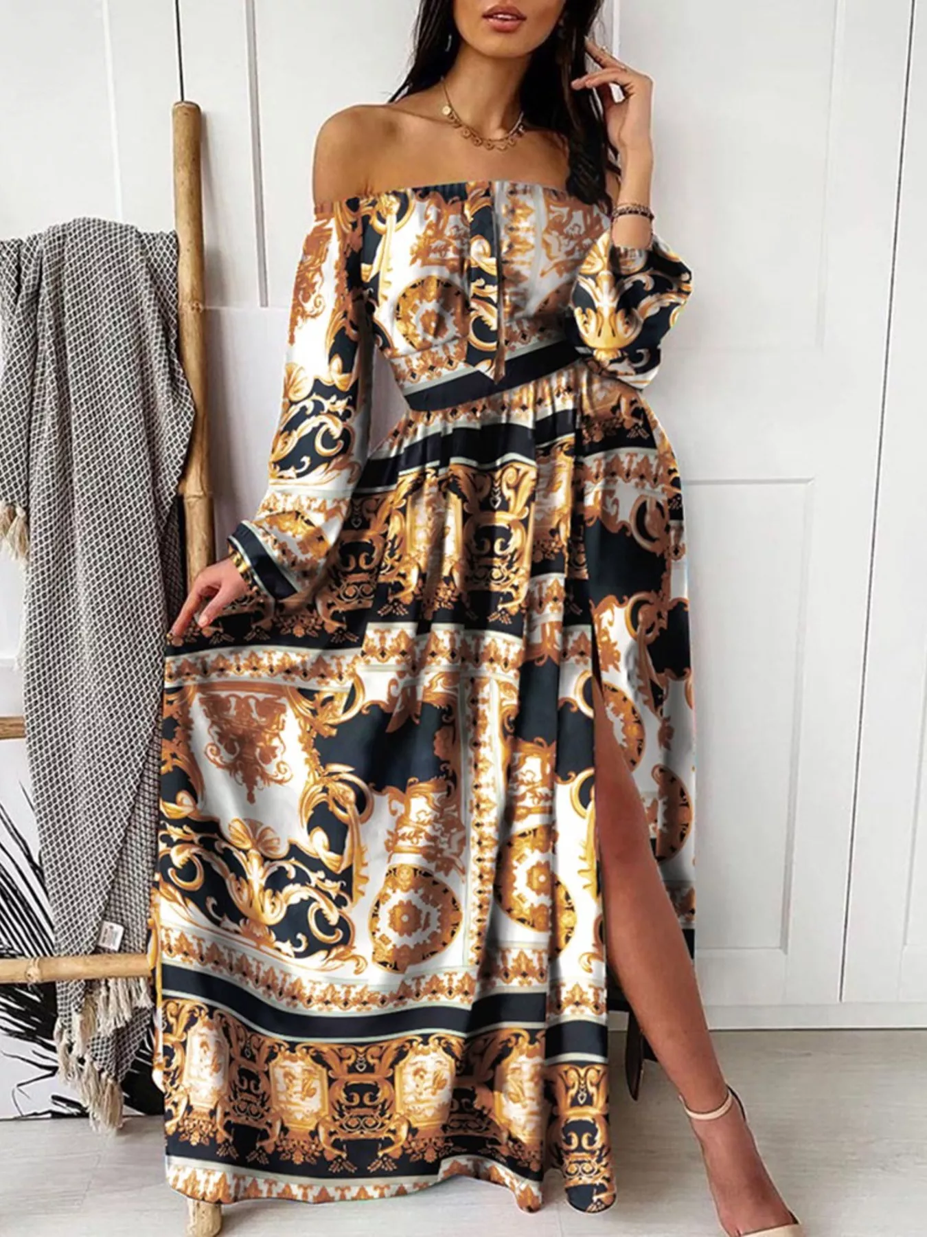 Slit Printed Off Shoulder Maxi Dress - Image 5