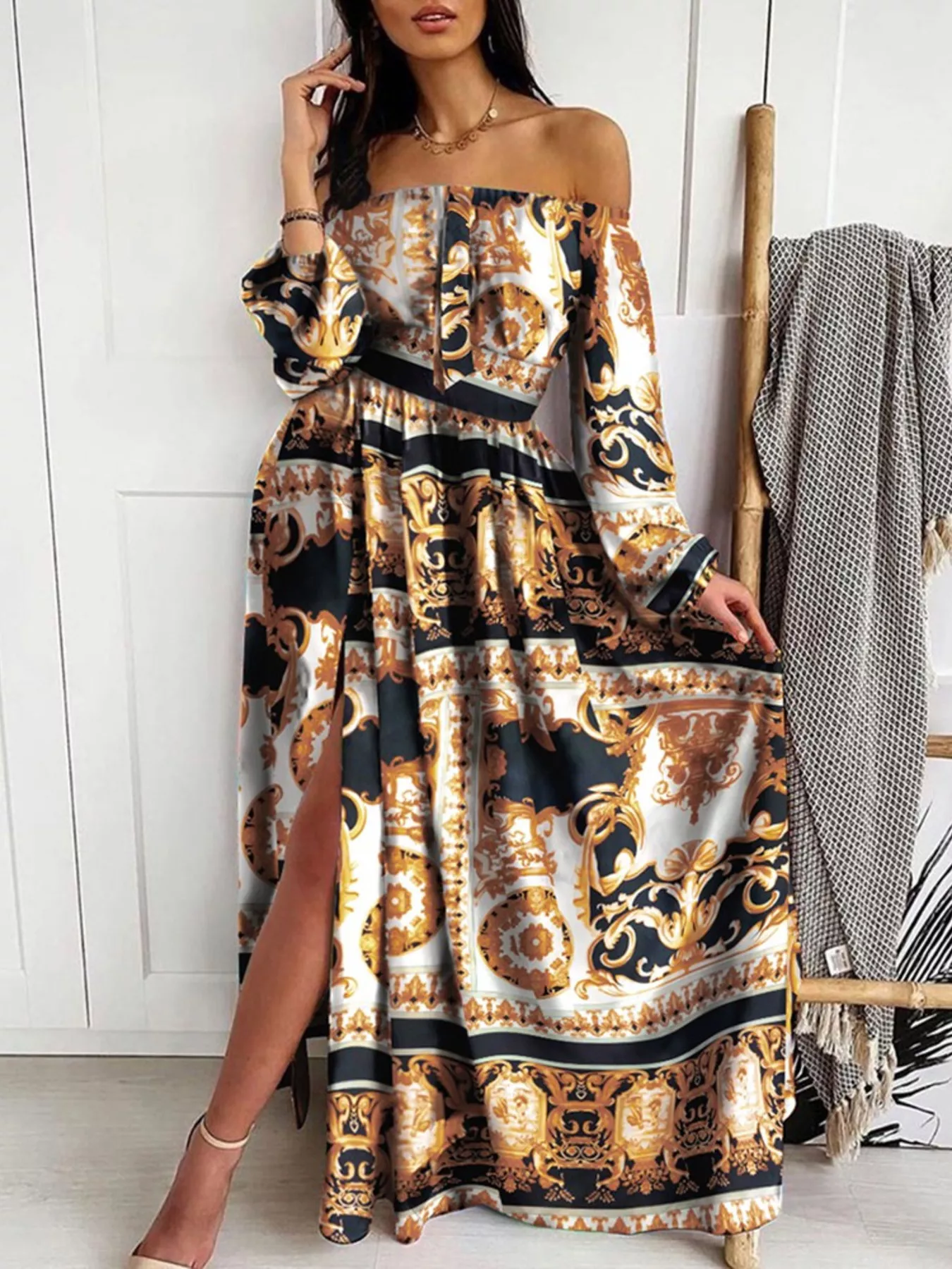 Slit Printed Off Shoulder Maxi Dress - Image 6
