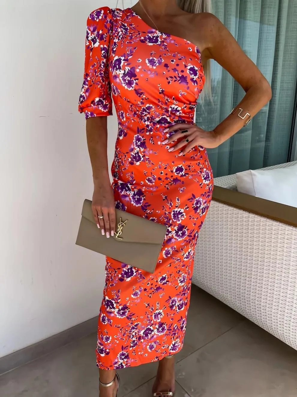 Slit Printed Single Shoulder Midi Dress - Image 11