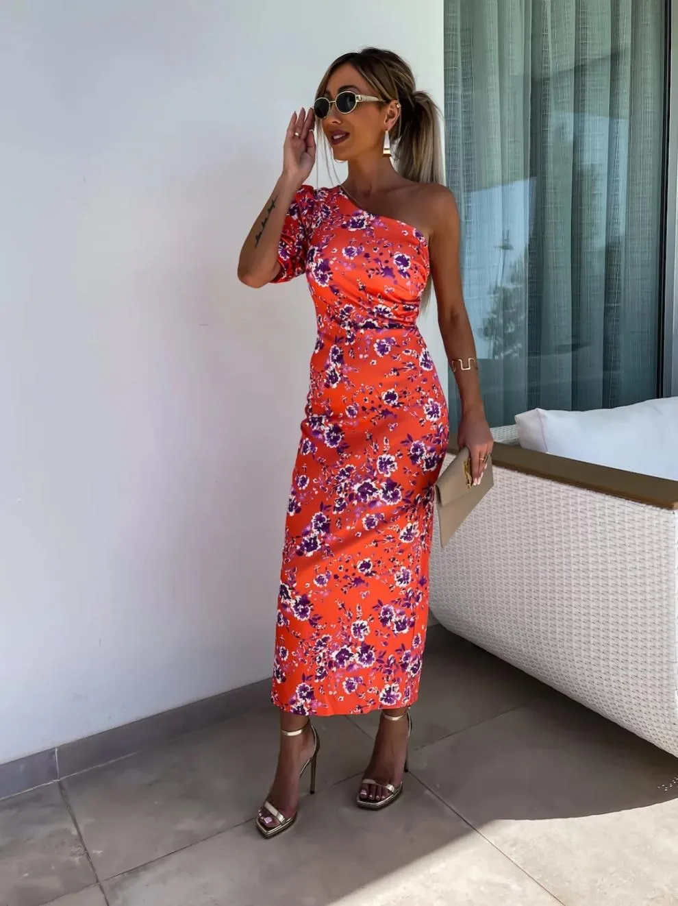 Slit Printed Single Shoulder Midi Dress - Image 12