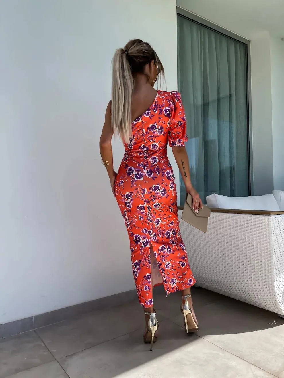 Slit Printed Single Shoulder Midi Dress - Image 13