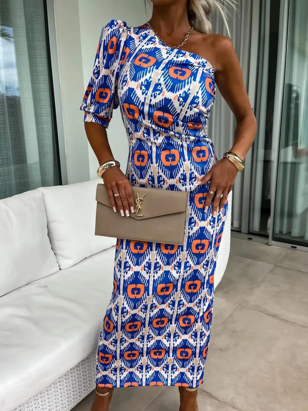 Slit Printed Single Shoulder Midi Dress - Image 6