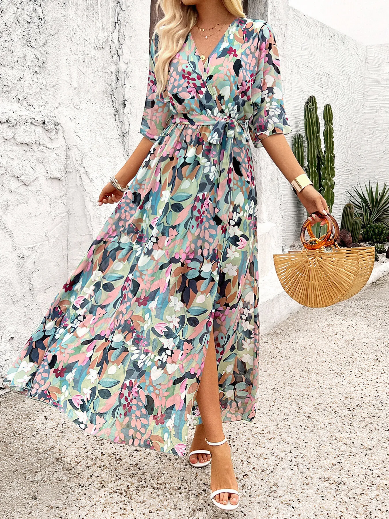 Slit Printed Surplice Half Sleeve Maxi Dress - Image 2