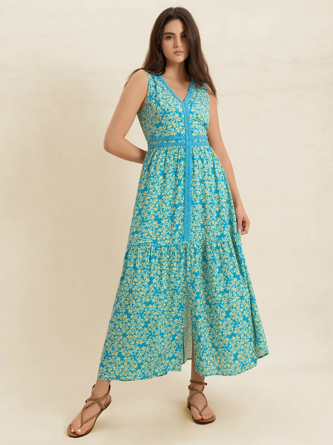 Slit Printed V-Neck Sleeveless Dress - Image 4