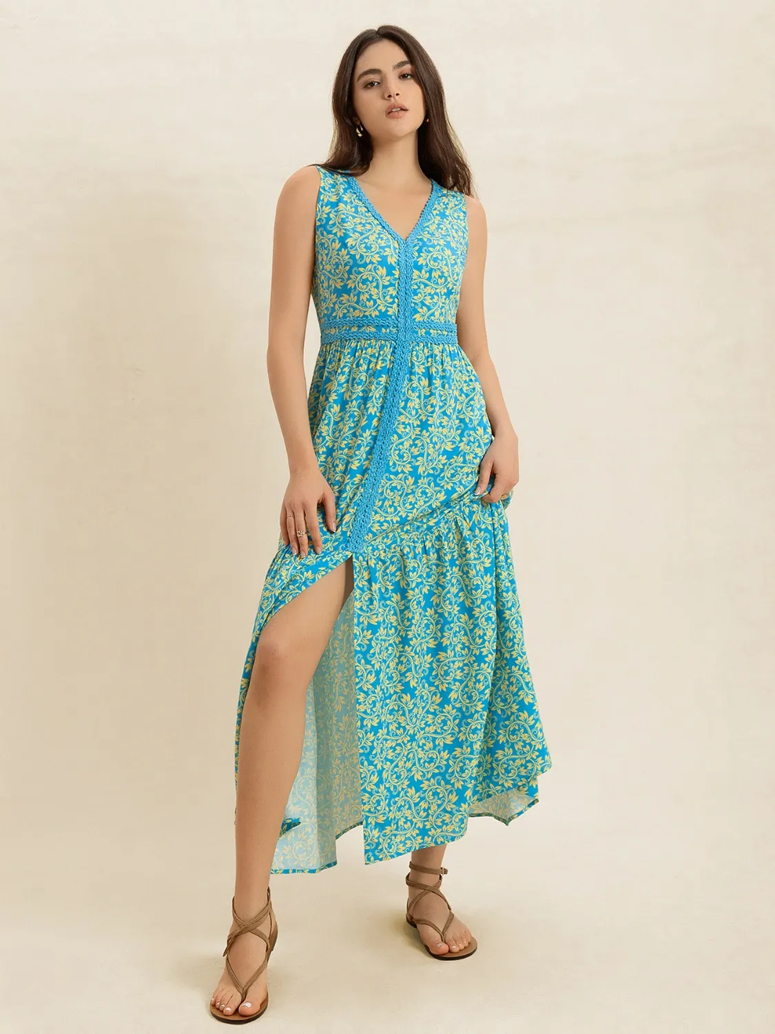 Slit Printed V-Neck Sleeveless Dress - Image 7