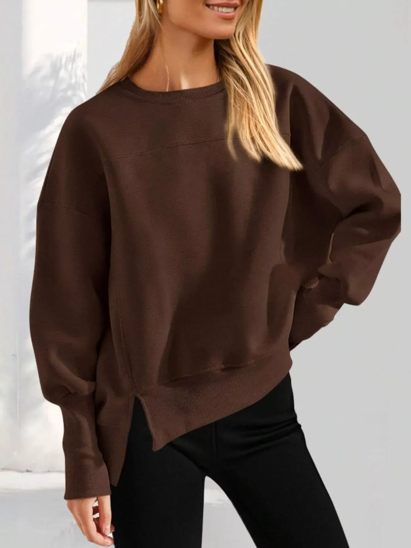 Slit Round Neck Dropped Shoulder Sweatshirt - Image 2