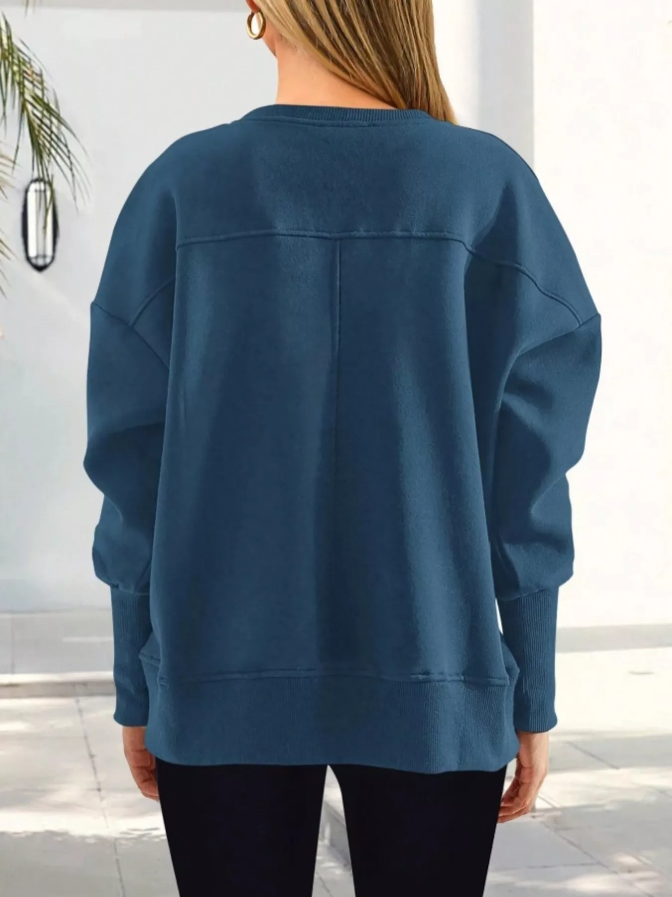 Slit Round Neck Dropped Shoulder Sweatshirt - Image 8
