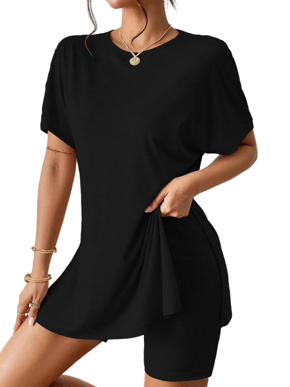 Slit Round Neck Short Sleeve Oversized Top and Shorts Set - Image 7