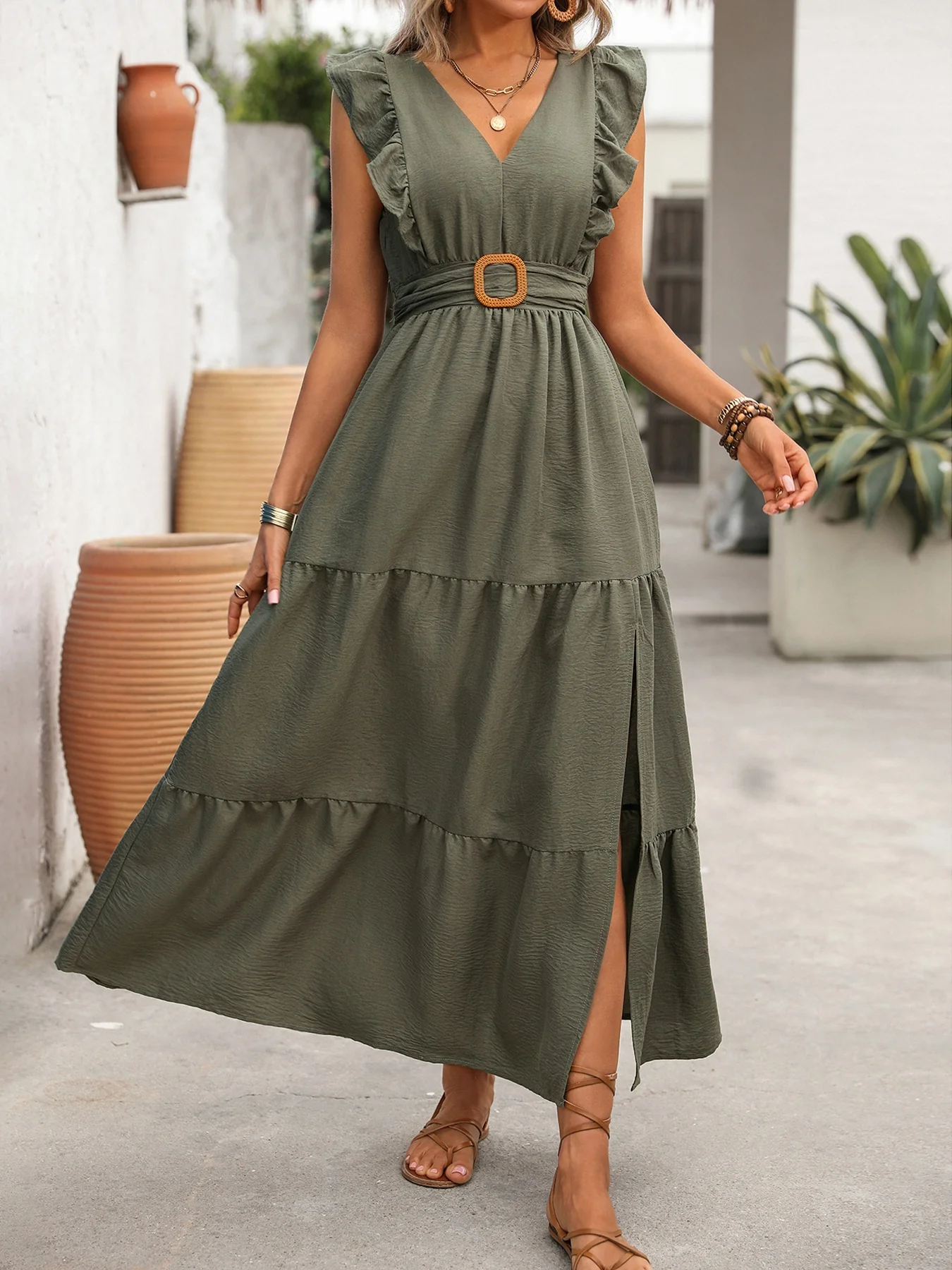Slit Ruffled V-Neck Tiered Dress - Image 2