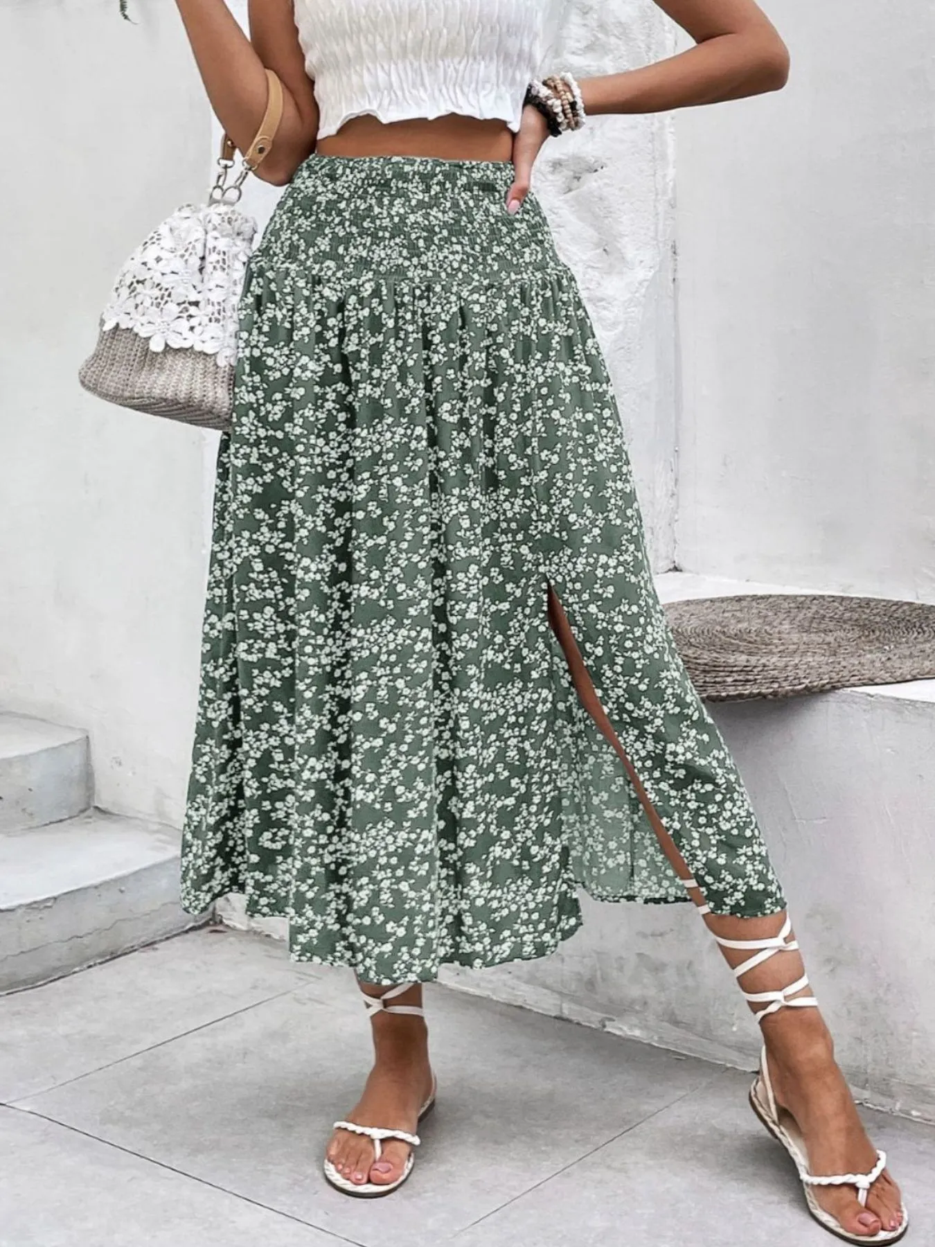 Slit Smocked Printed Skirt - Image 2