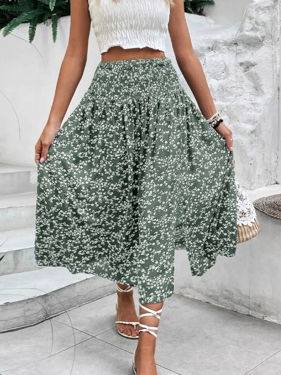 Slit Smocked Printed Skirt - Image 4