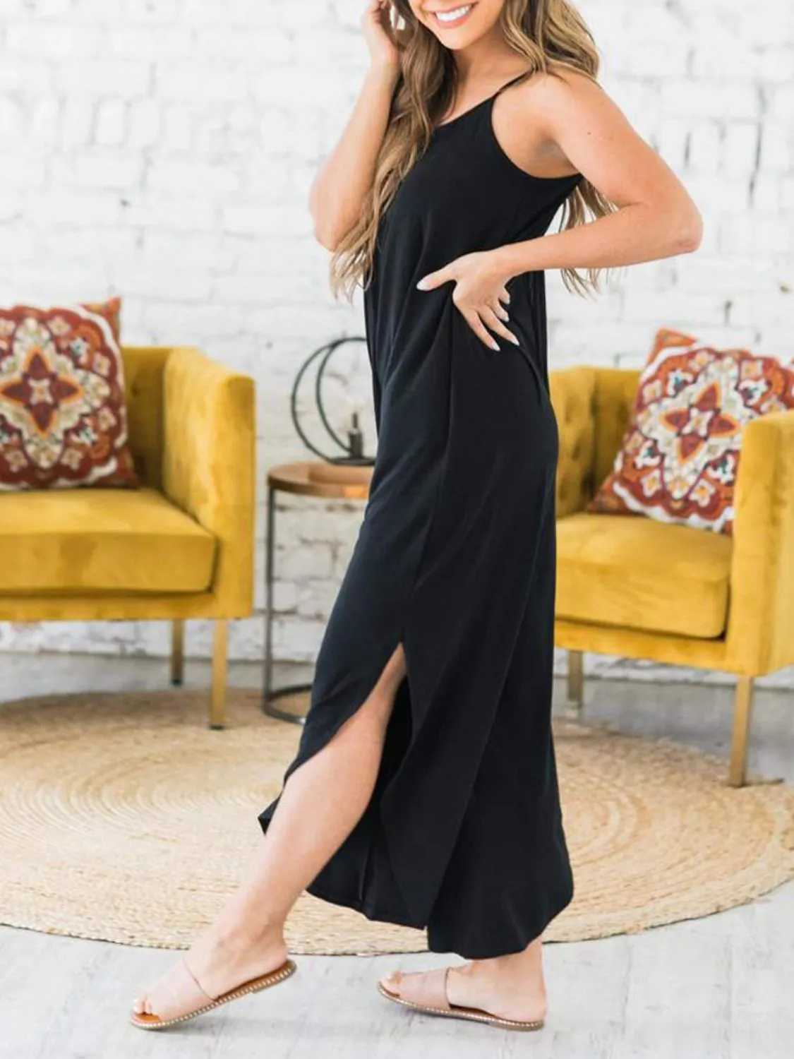 Slit Spaghetti Strap Jumpsuit with Pockets - Image 5