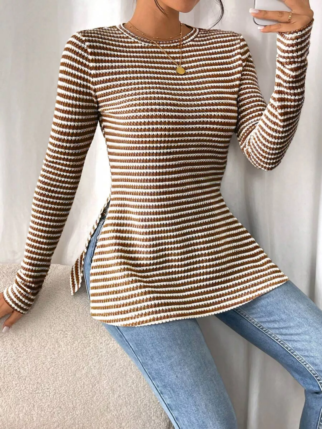 Slit Striped Long Sleeve Casual T-Shirt - Image 22