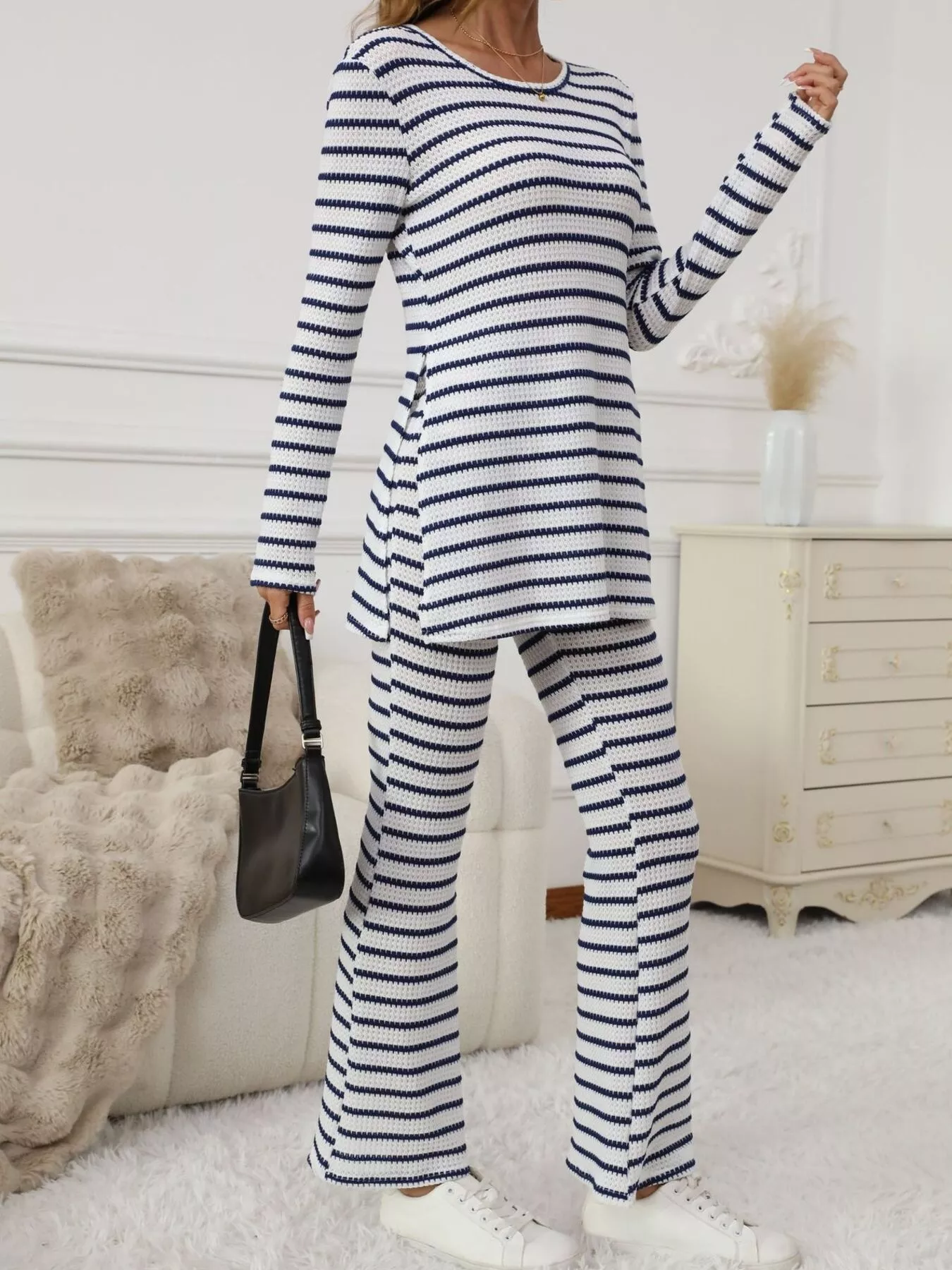 Slit Striped Long Sleeve Top and Pants Set - Image 2
