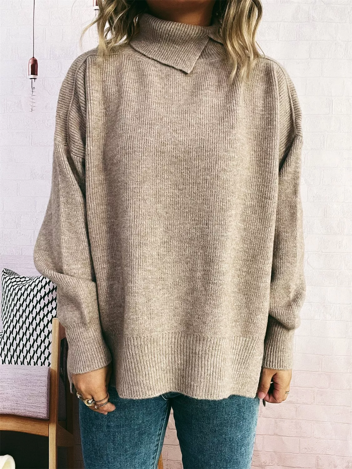 Slit Turtleneck Long Sleeve Sweater - Image 22