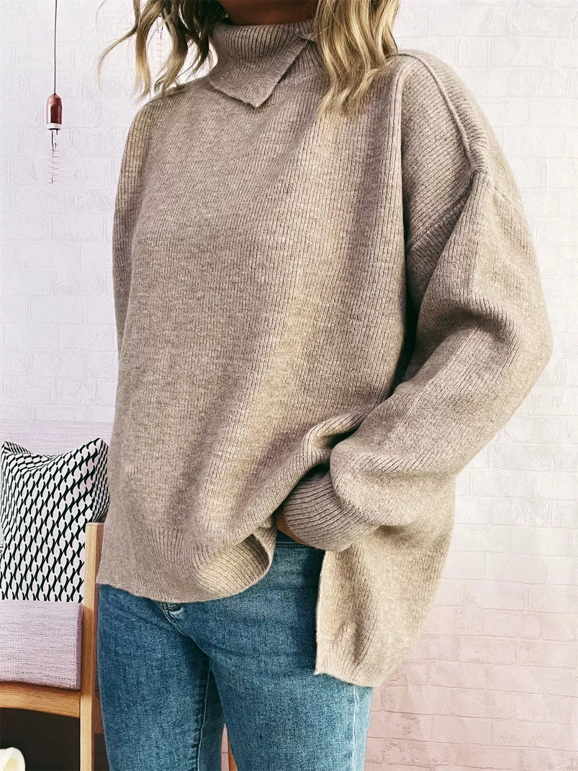 Slit Turtleneck Long Sleeve Sweater - Image 23