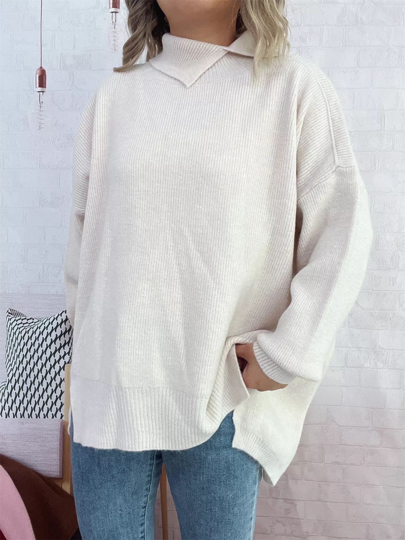 Slit Turtleneck Long Sleeve Sweater - Image 27
