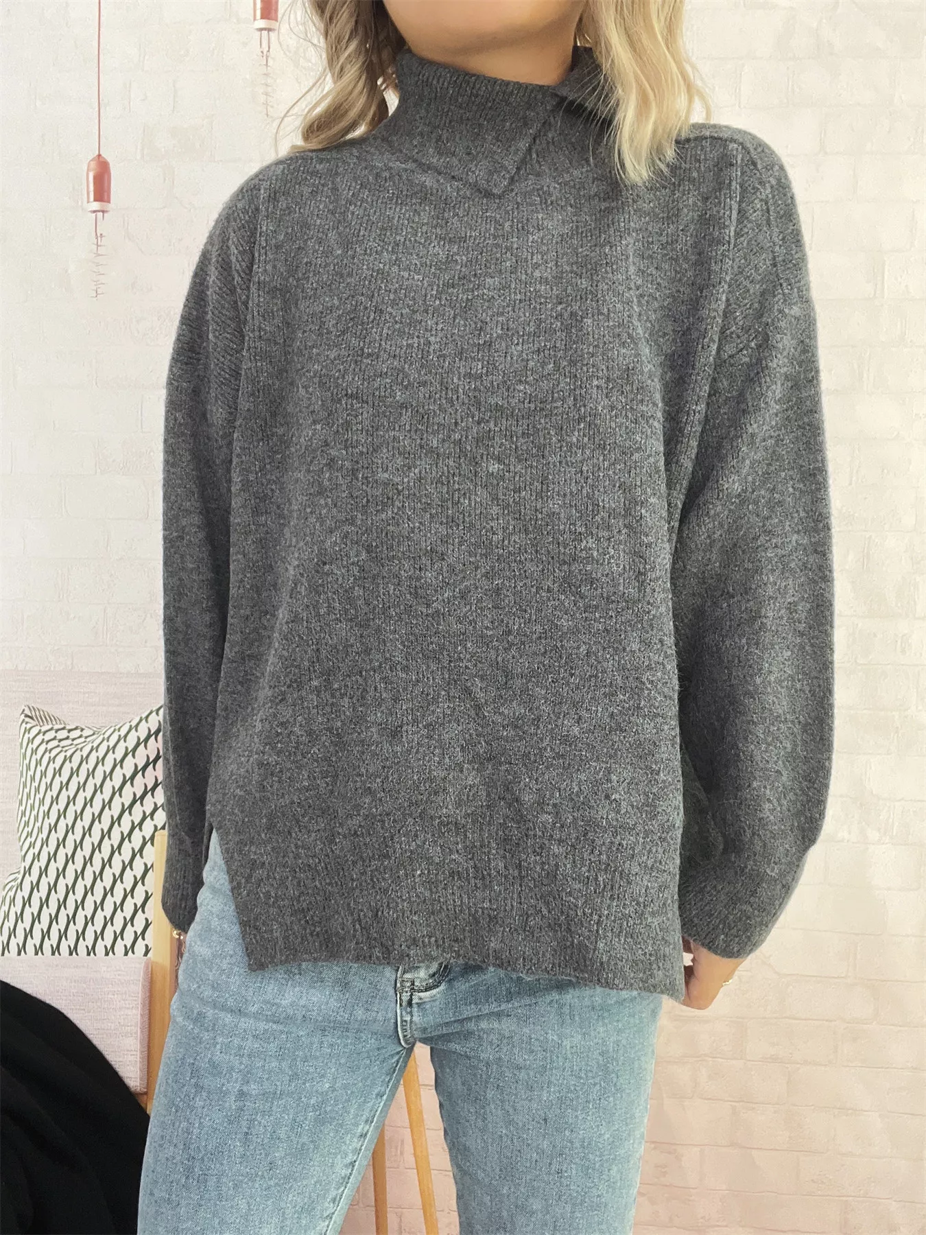 Slit Turtleneck Long Sleeve Sweater - Image 31