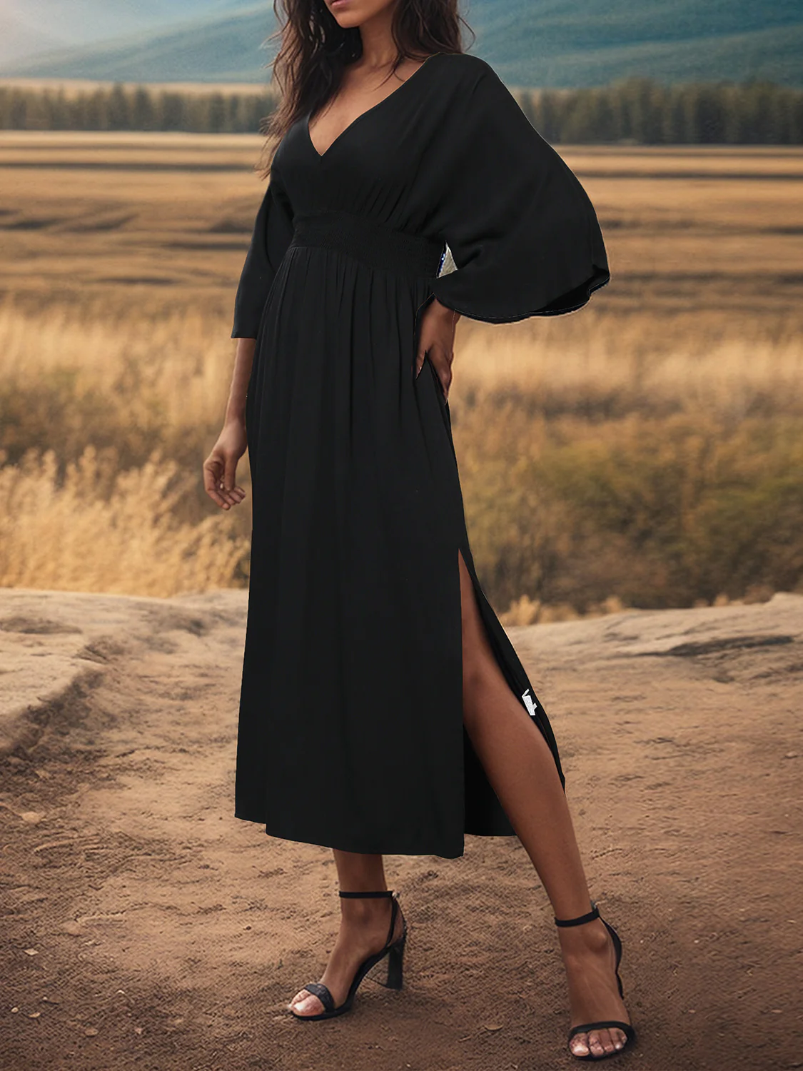 Slit V-Neck Long Sleeve Midi Dress - Image 4