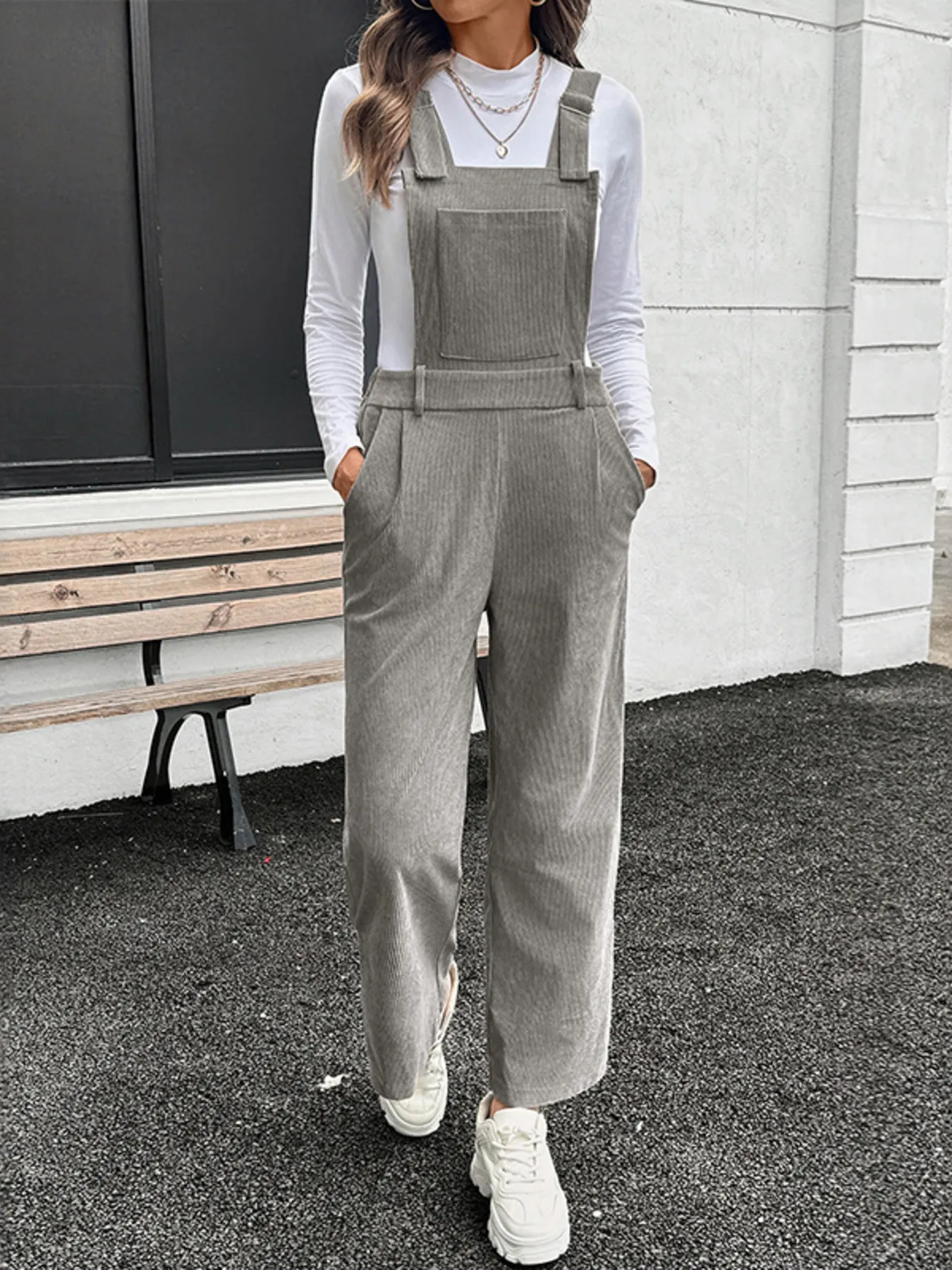 Slit Wide Leg Overalls with Pockets