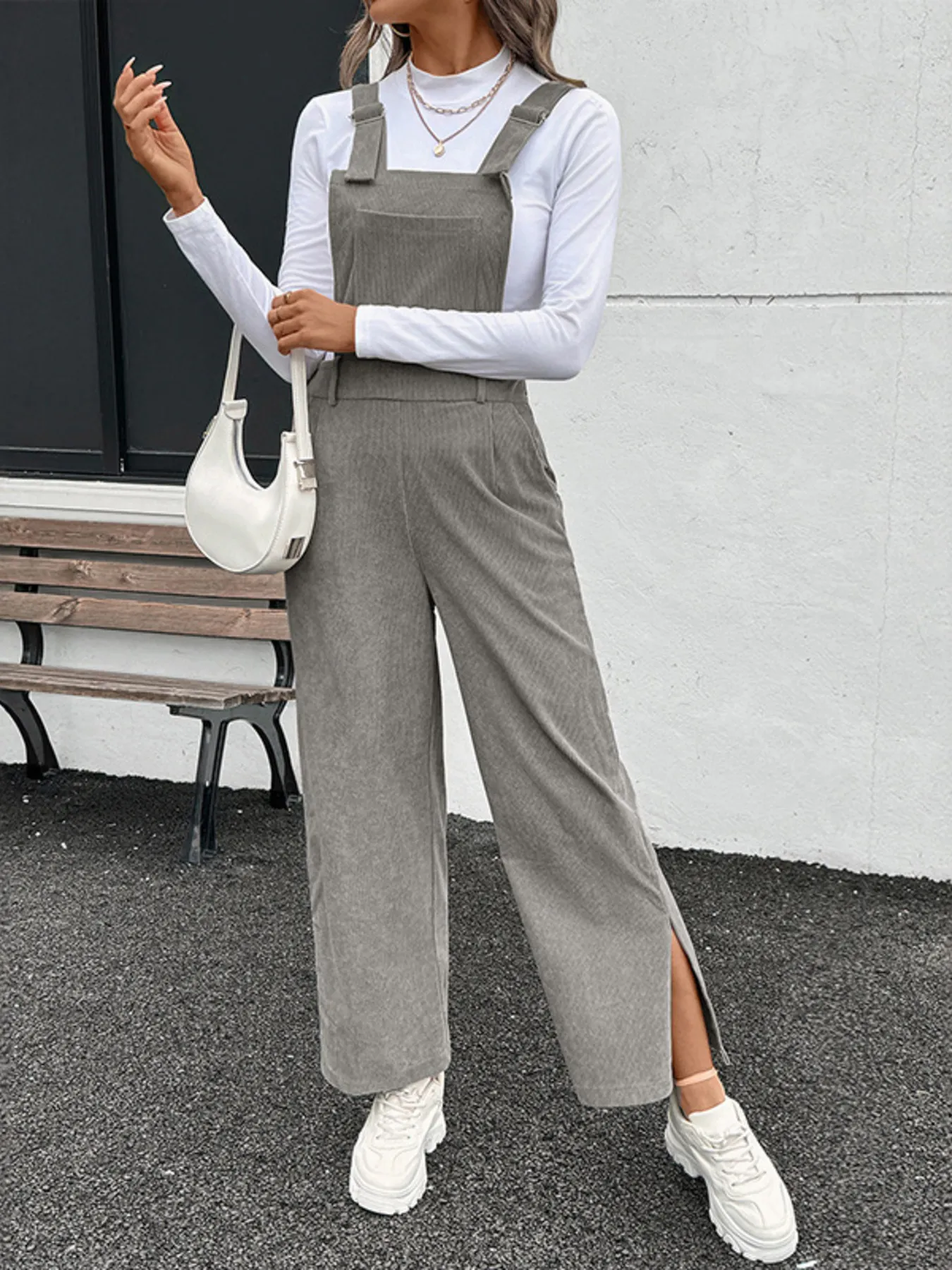 Slit Wide Leg Overalls with Pockets - Image 3