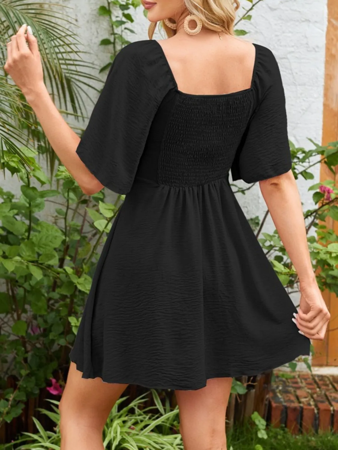 Smocked Back Knotted Flutter Sleeve Dress - Image 15