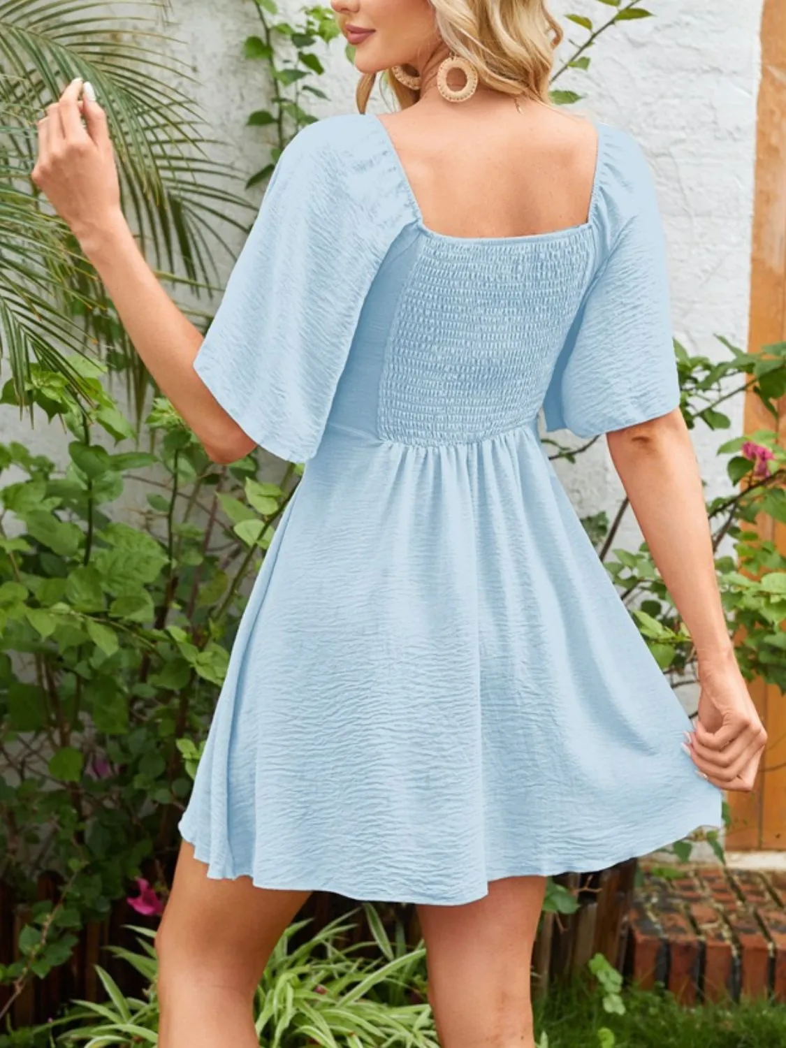 Smocked Back Knotted Flutter Sleeve Dress - Image 24