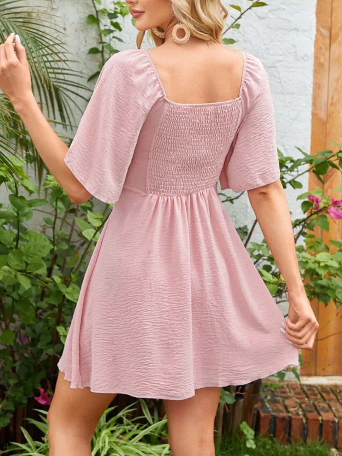 Smocked Back Knotted Flutter Sleeve Dress - Image 8
