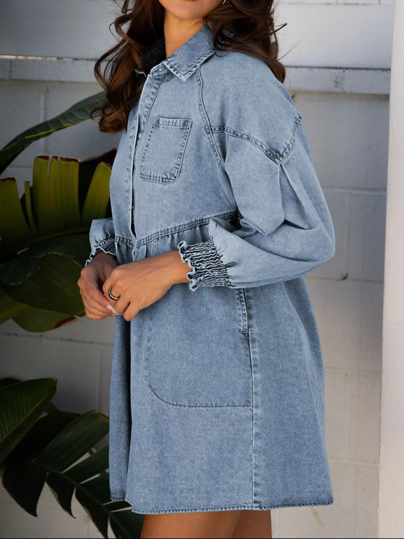 Smocked Cuffs Flared Denim Shirt Mini Dress - Image 4
