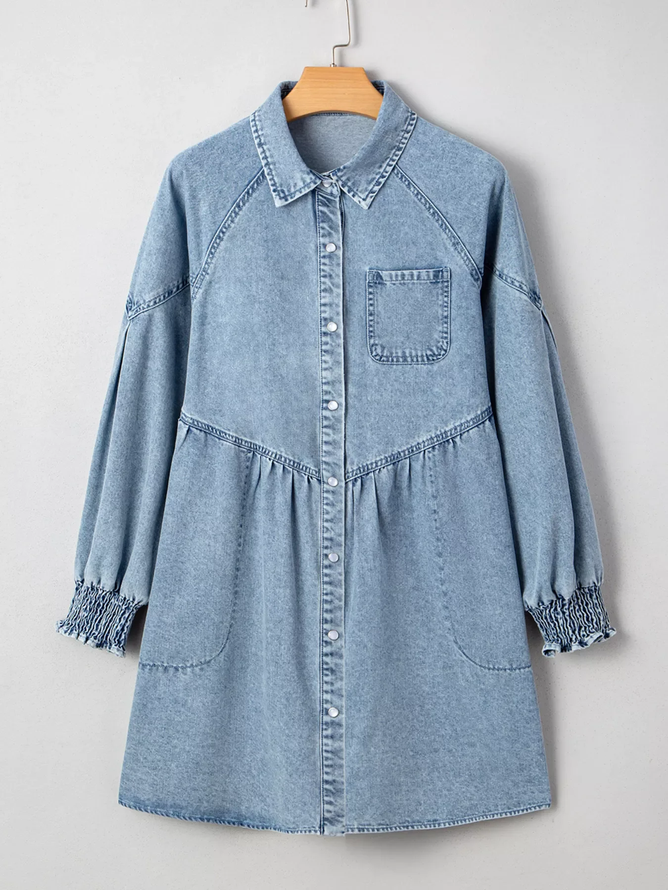 Smocked Cuffs Flared Denim Shirt Mini Dress - Image 7