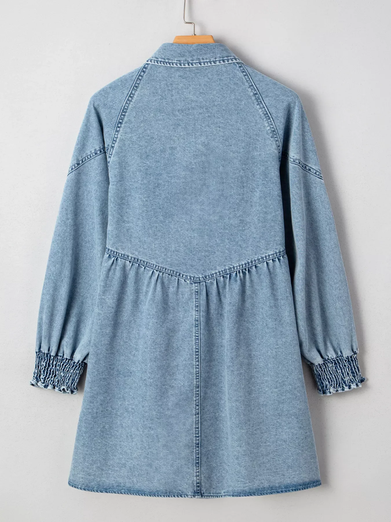 Smocked Cuffs Flared Denim Shirt Mini Dress - Image 8