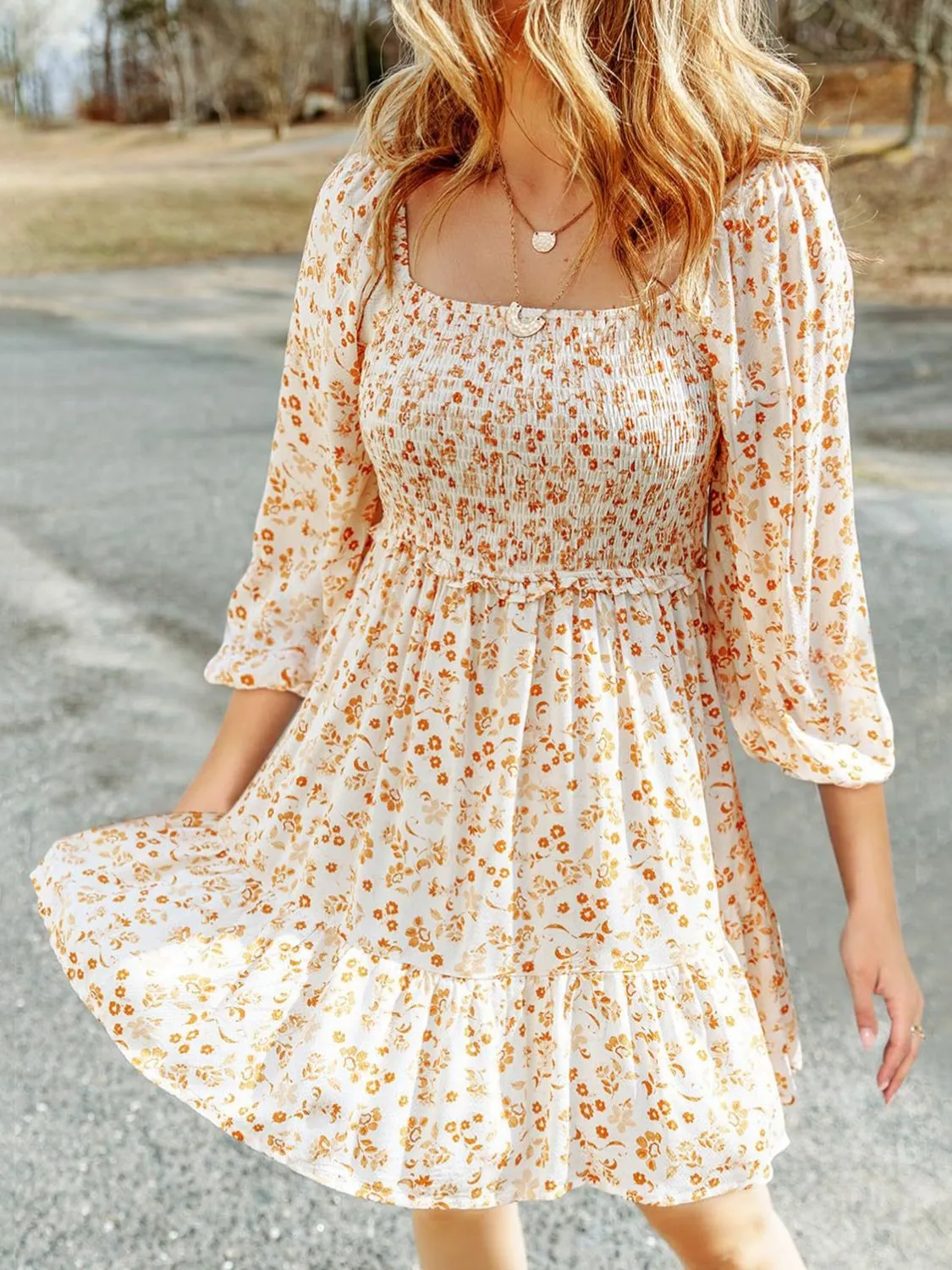 Smocked Floral Square Neck Dress - Image 2