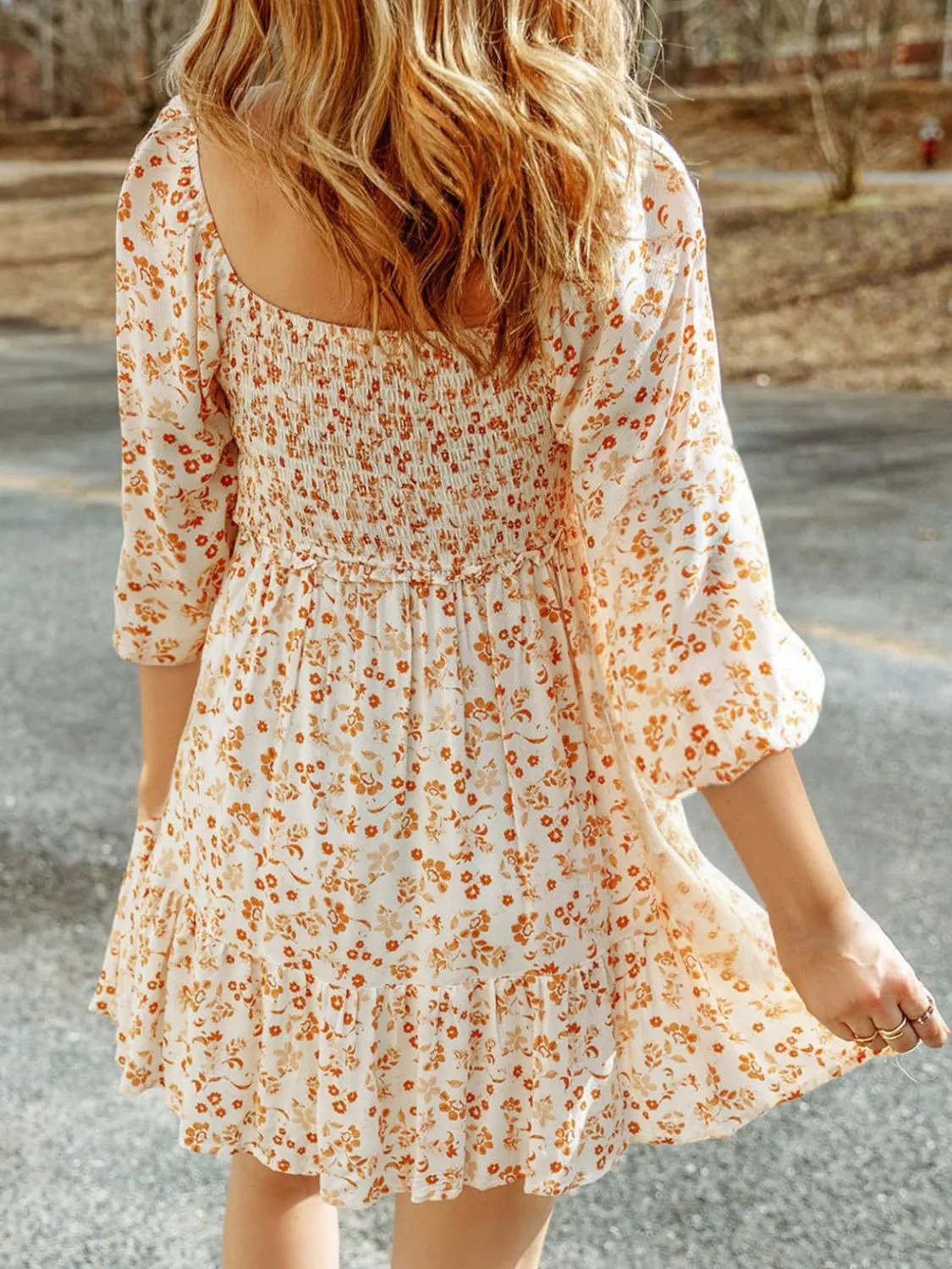 Smocked Floral Square Neck Dress - Image 3