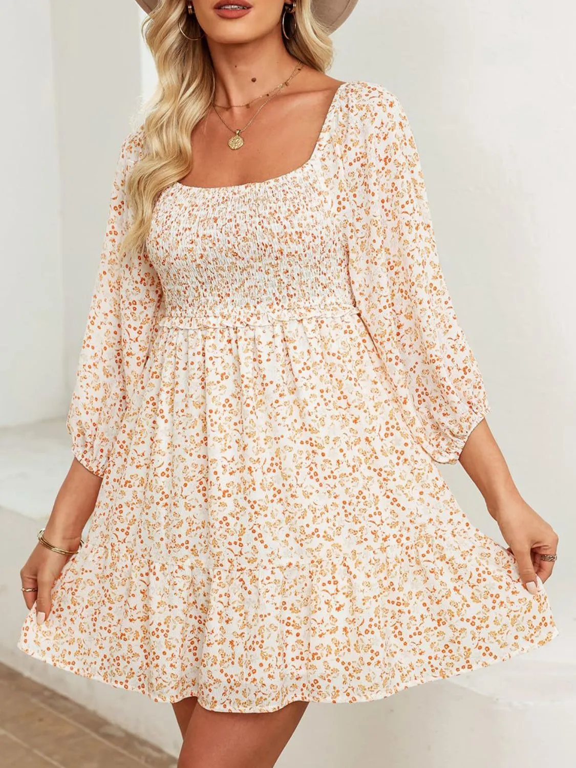 Smocked Floral Square Neck Dress - Image 4