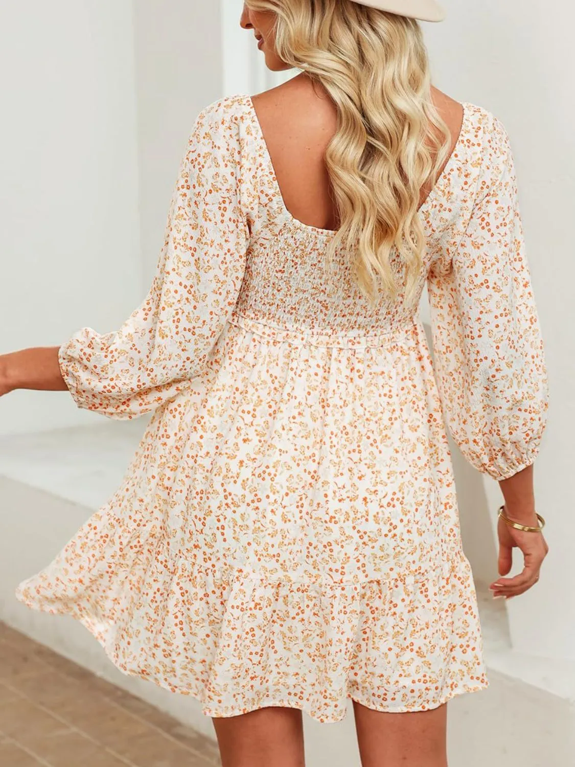 Smocked Floral Square Neck Dress - Image 5