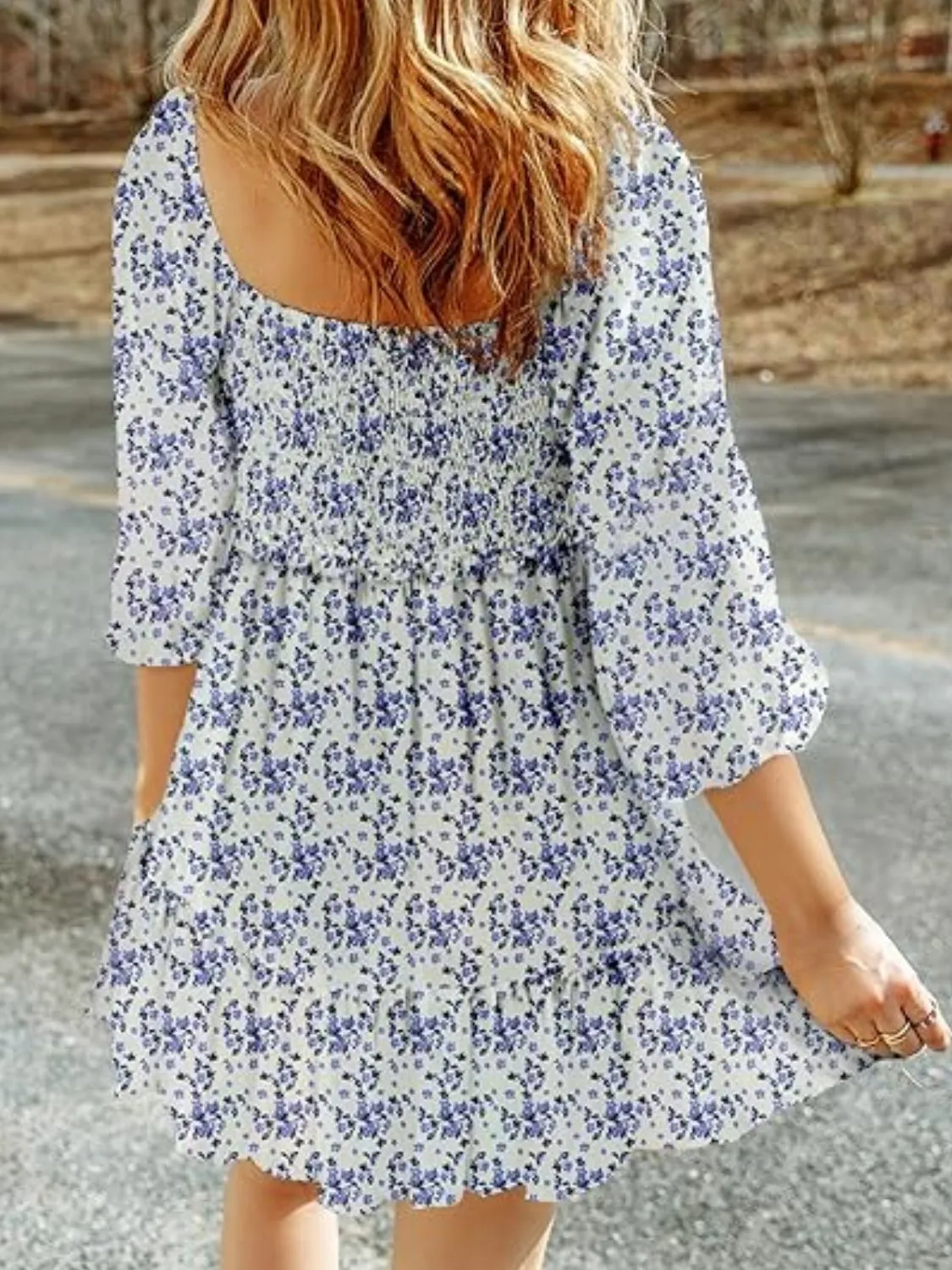 Smocked Floral Square Neck Dress - Image 7