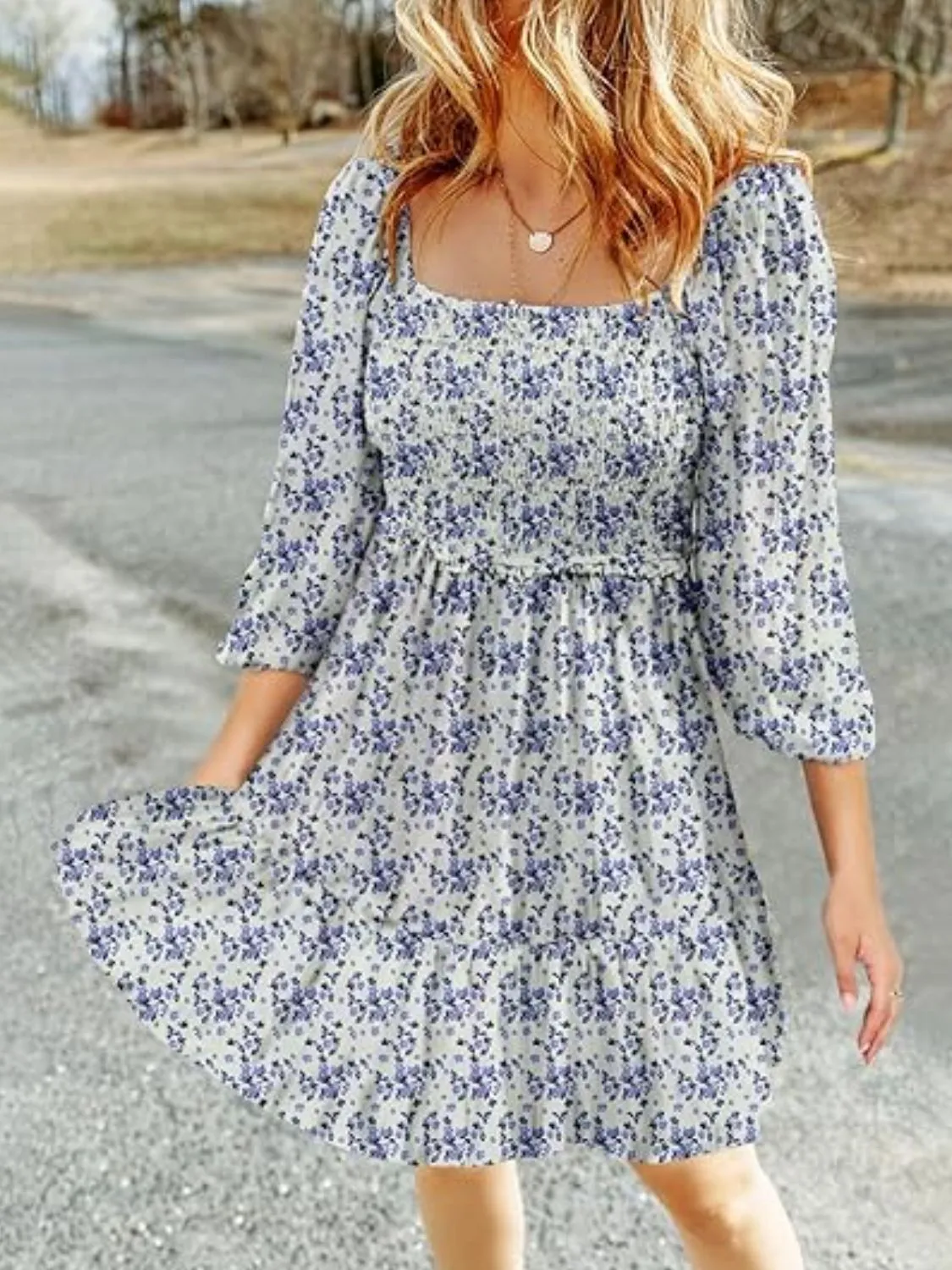 Smocked Floral Square Neck Dress - Image 8
