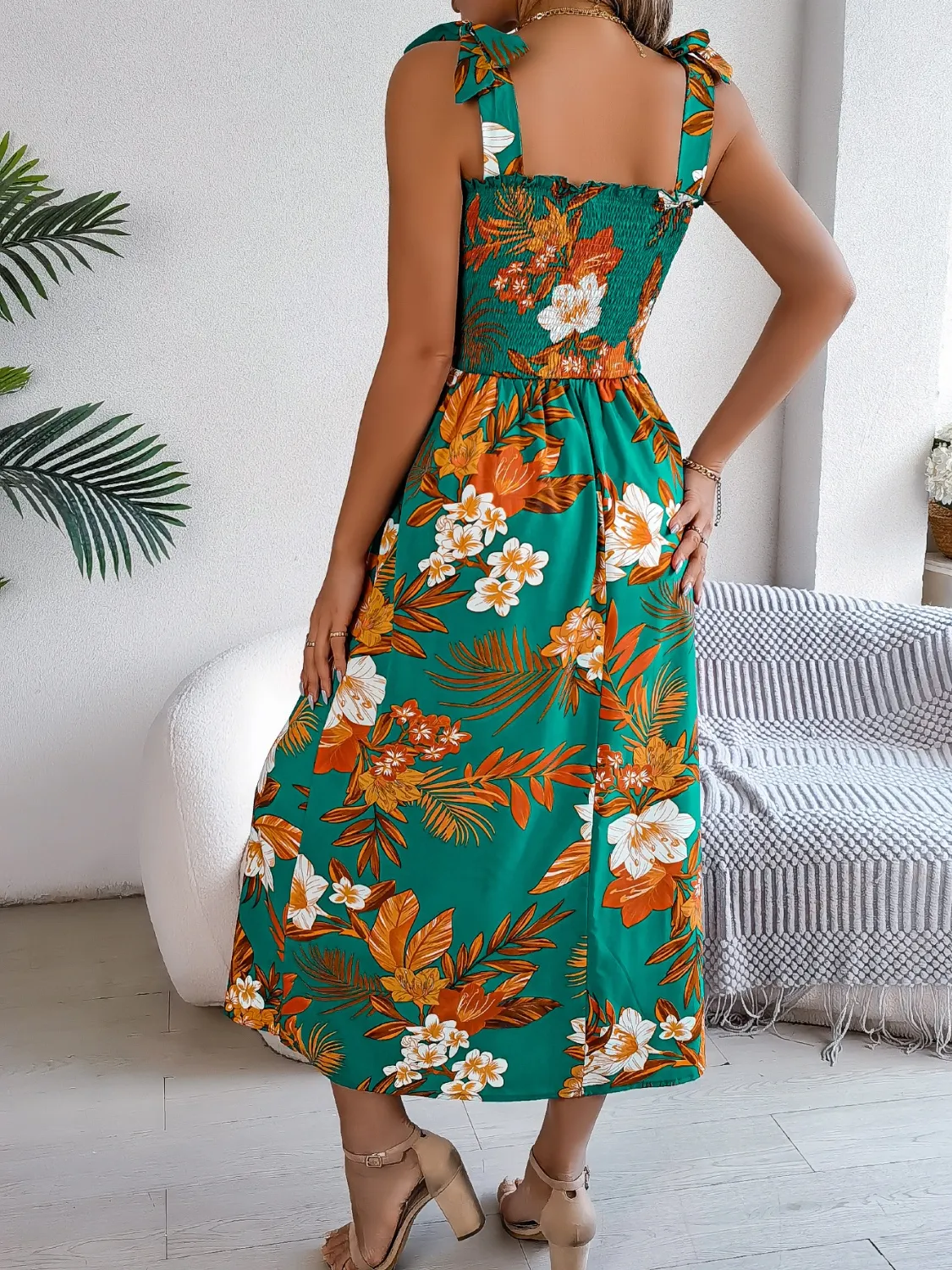 Smocked Floral Tie Shoulder Midi Dress - Image 11
