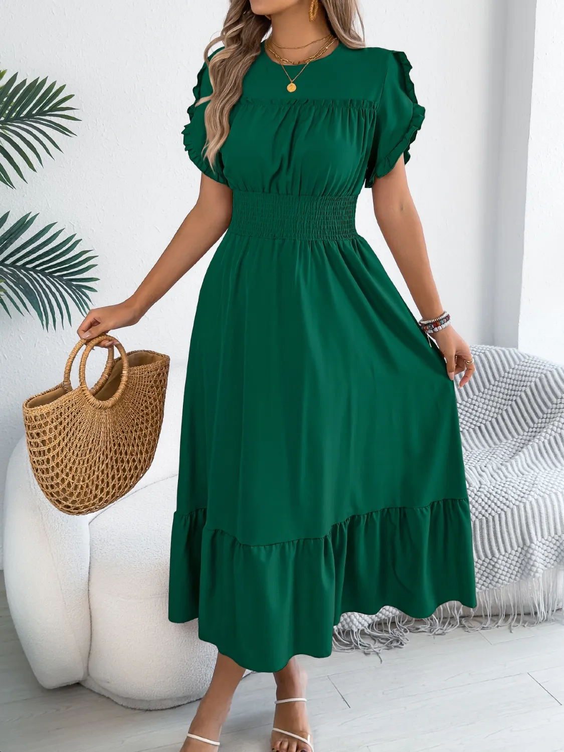 Smocked Frill Round Neck Midi Dress - Image 11