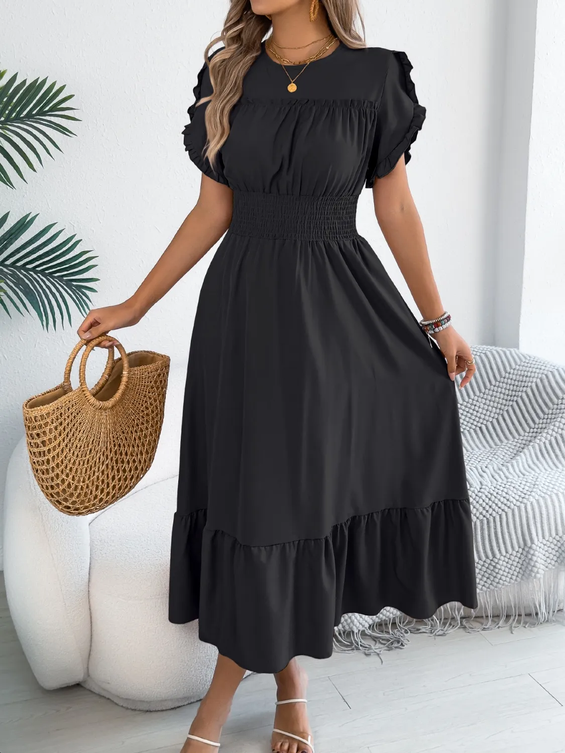 Smocked Frill Round Neck Midi Dress - Image 3